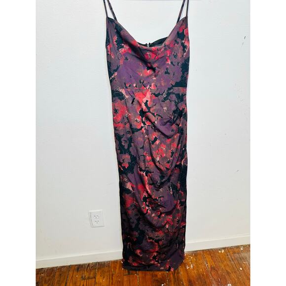 SLATE & WILLOW Red Purple Ruched Floral Side Slit Scoop Neck Dress size 0 - Picture 4 of 16